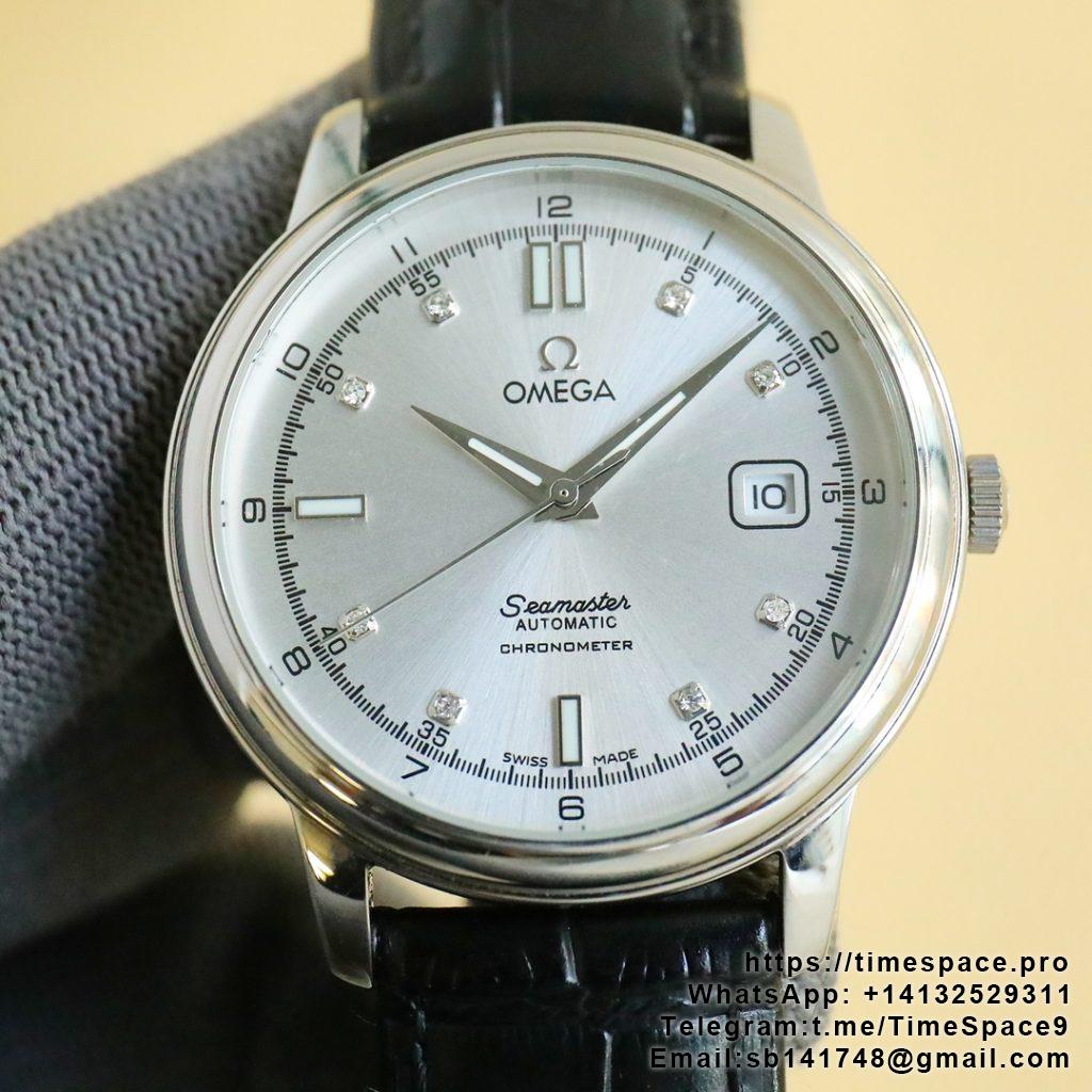 Omega high-end luxury watch with white dial and black leather strap