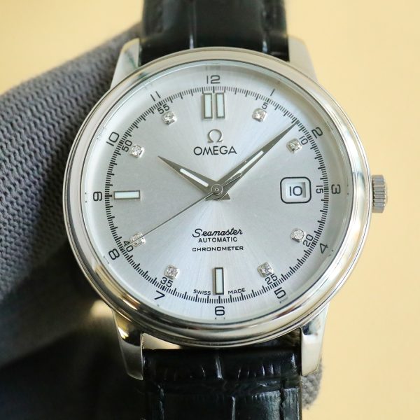 Omega high-end luxury watch with white dial and black leather strap