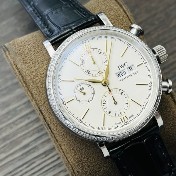 IWC Portofino Chronograph Men's Watch Best Version white Dial with Black Leather Strap