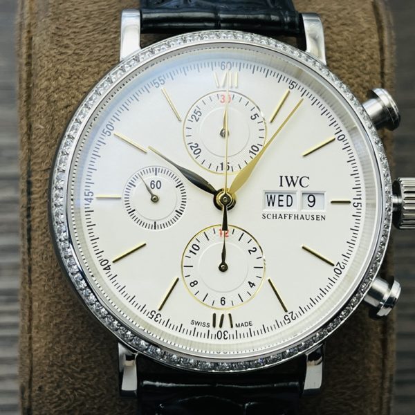 IWC Portofino Chronograph Men's Watch Best Version white Dial with Black Leather Strap