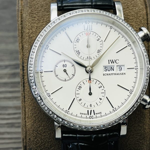 IWC Portofino Chronograph Men's Watch Best Version white Dial with Black Leather Strap