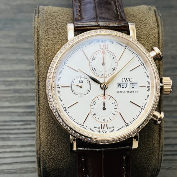 IWC Portofino Chronograph Men's Watch Best Version White Dial with Brown Leather Strap